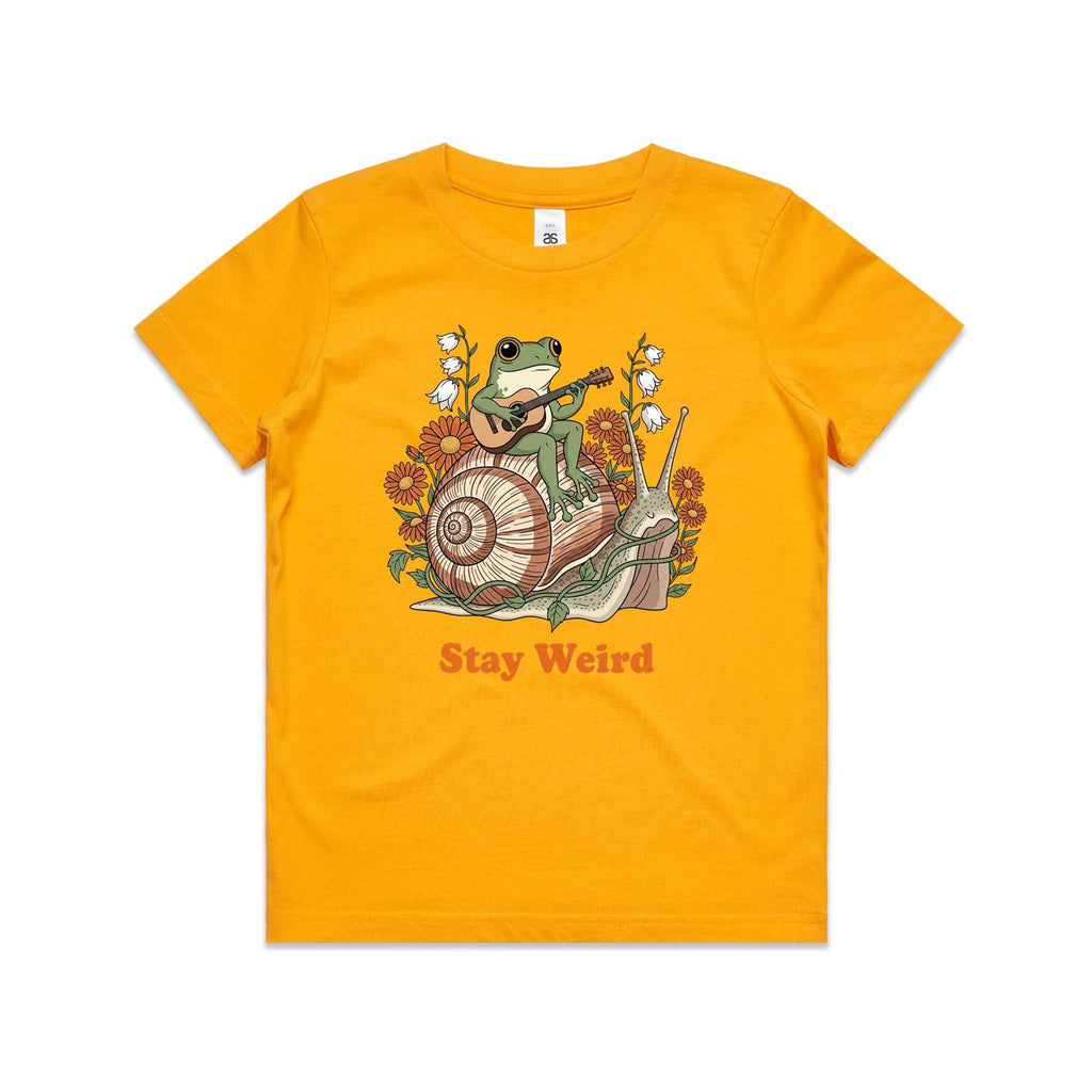 Stay Weird, Guitar Playing Frog On A Snail Kid's AS Colour T-shirt Gold Kids Youth T-shirt animal Music Printed In Australia