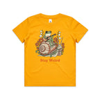 Stay Weird, Guitar Playing Frog On A Snail Kid's AS Colour T-shirt Gold Kids Youth T-shirt animal Music Printed In Australia