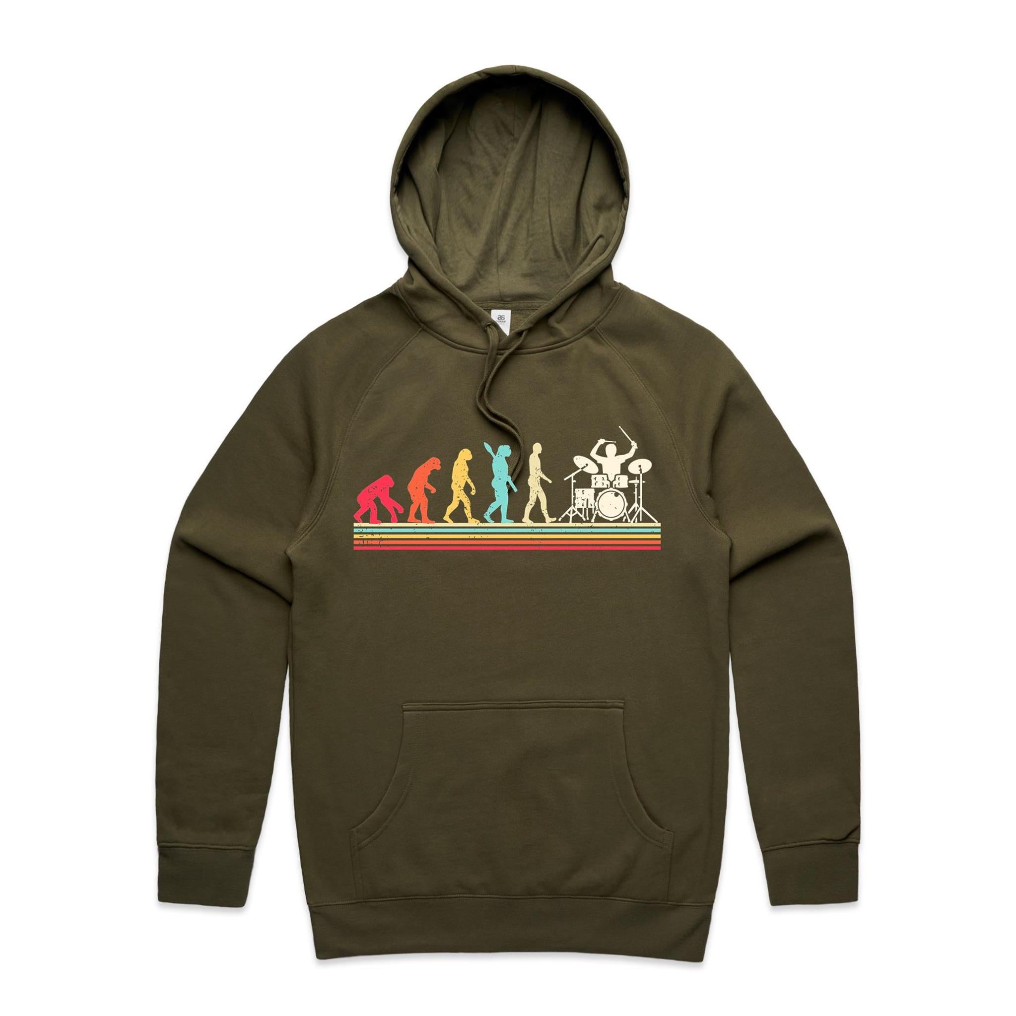 Drummer Evolution - Mens Hoodie Army Mens Hoodie Music Printed In Australia