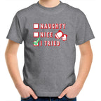 Naughty, Nice, I Tried, Santa's Christmas List - Kids Youth T-Shirt Grey Marle Kids Christmas T-shirt Christmas Printed In Australia