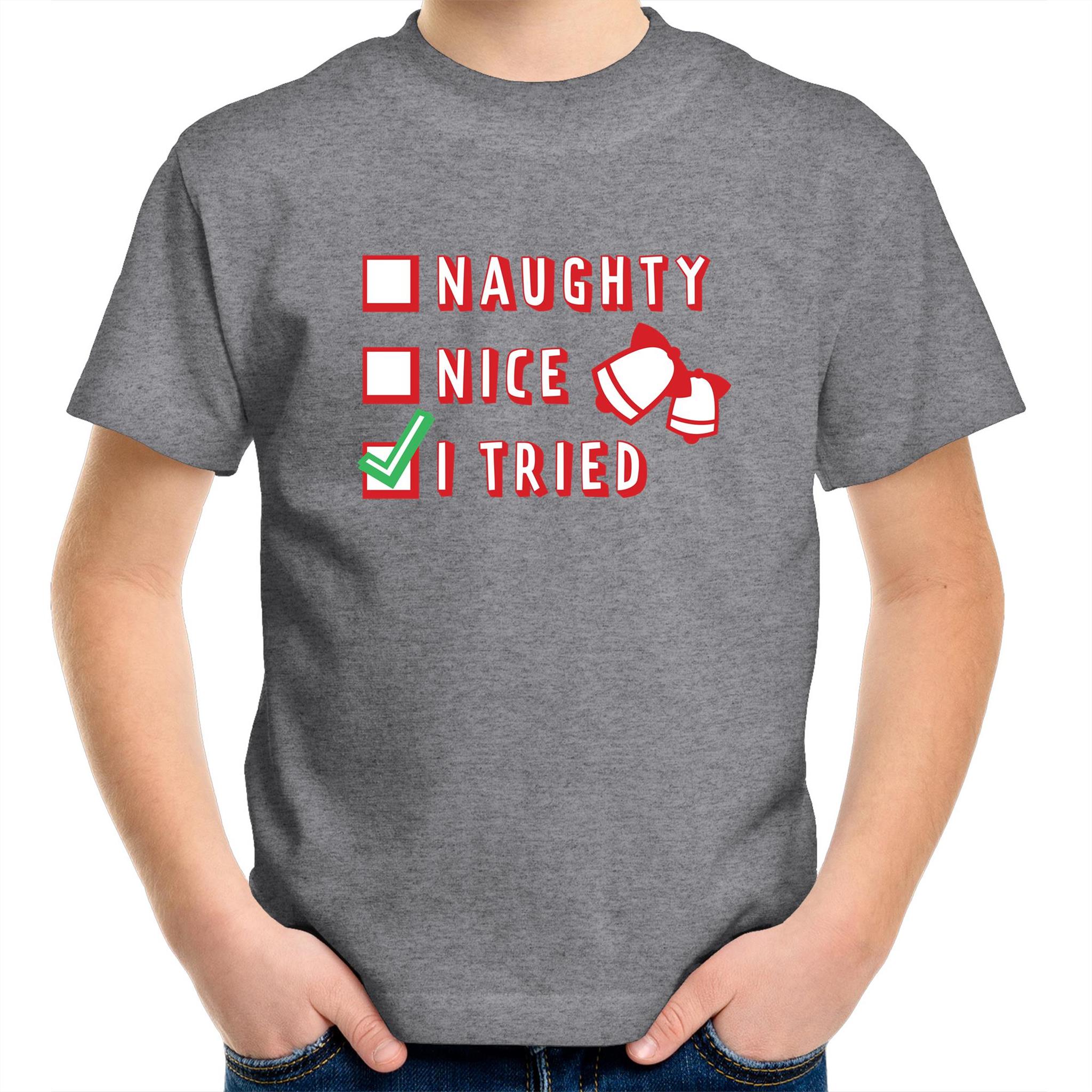 Naughty, Nice, I Tried, Santa's Christmas List - Kids Youth T-Shirt Grey Marle Kids Christmas T-shirt Christmas Printed In Australia