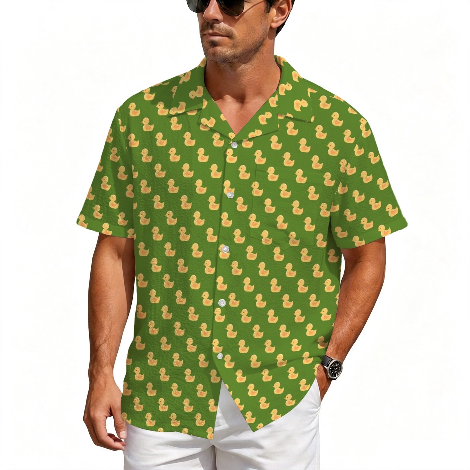 Rubber Ducks On Green Men's Crinkle Hawaiian Shirt