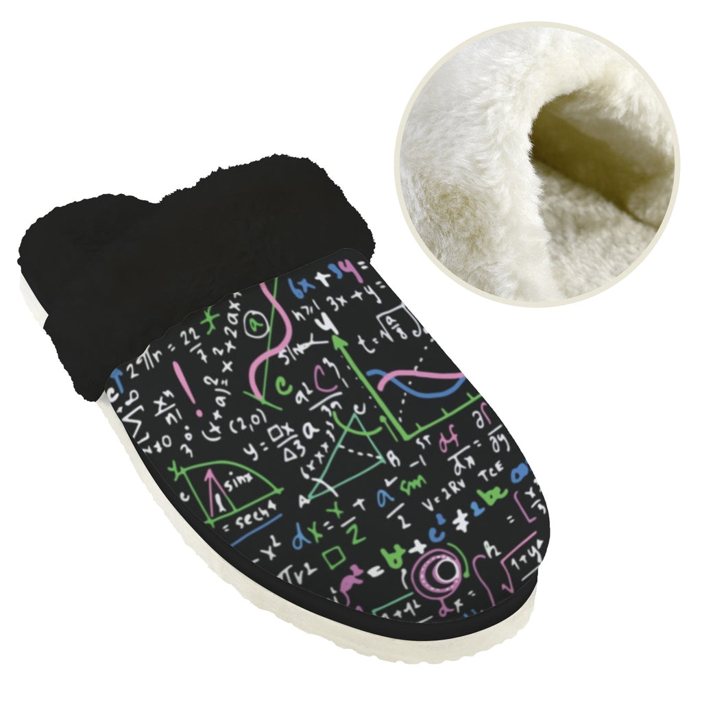 Equations In Green And Pink Men's Fur Trim Thick-Sole Indoor Slippers Men's Fur Trimmed Slippers Maths Printed Offshore