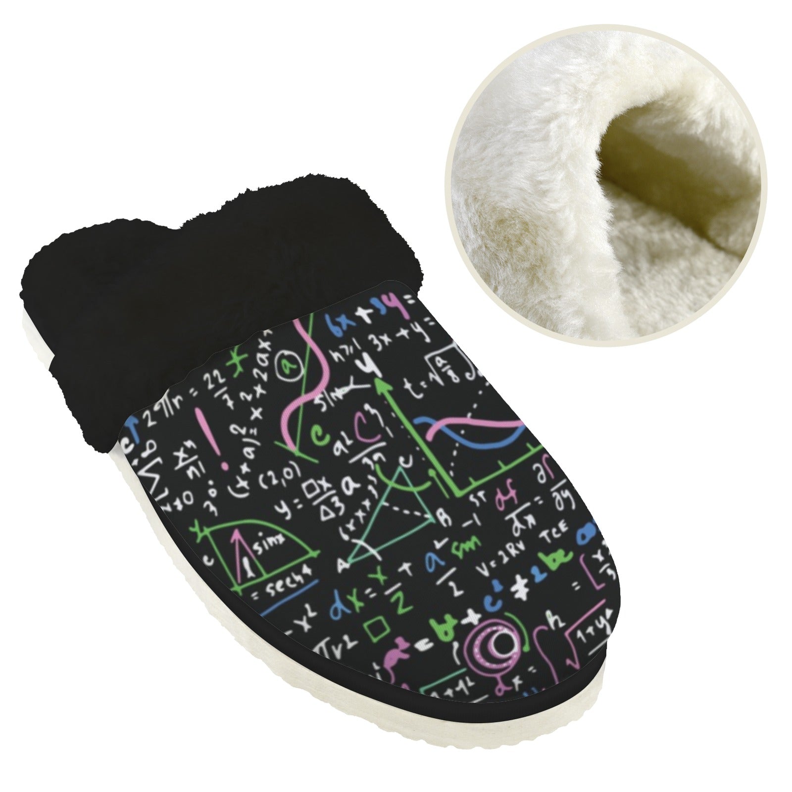 Equations In Green And Pink Men's Fur Trim Thick-Sole Indoor Slippers Men's Fur Trimmed Slippers Maths Printed Offshore