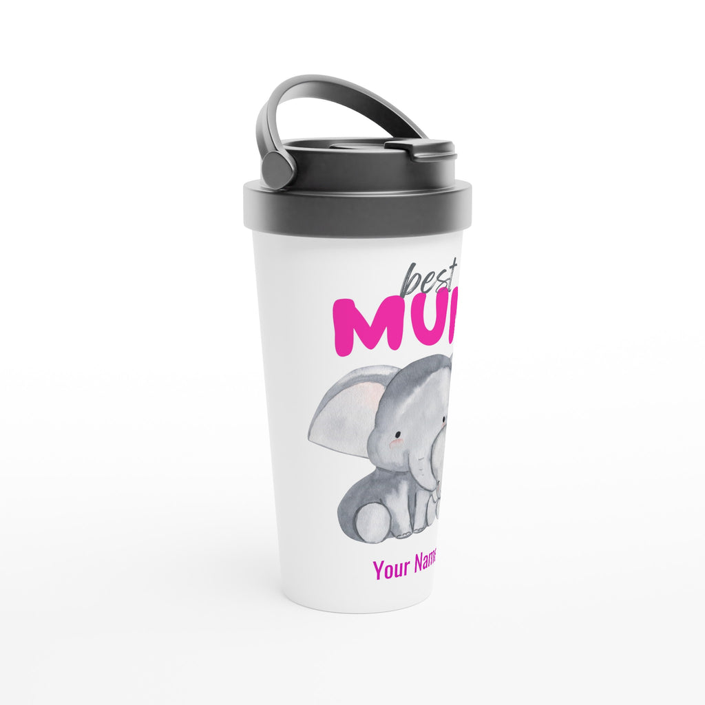 Personalised - Best Mum, Cute Elephants - White 15oz Stainless Steel Travel Mug Personalised Travel Mug animal customise Globally Fulfilled Mum personalise