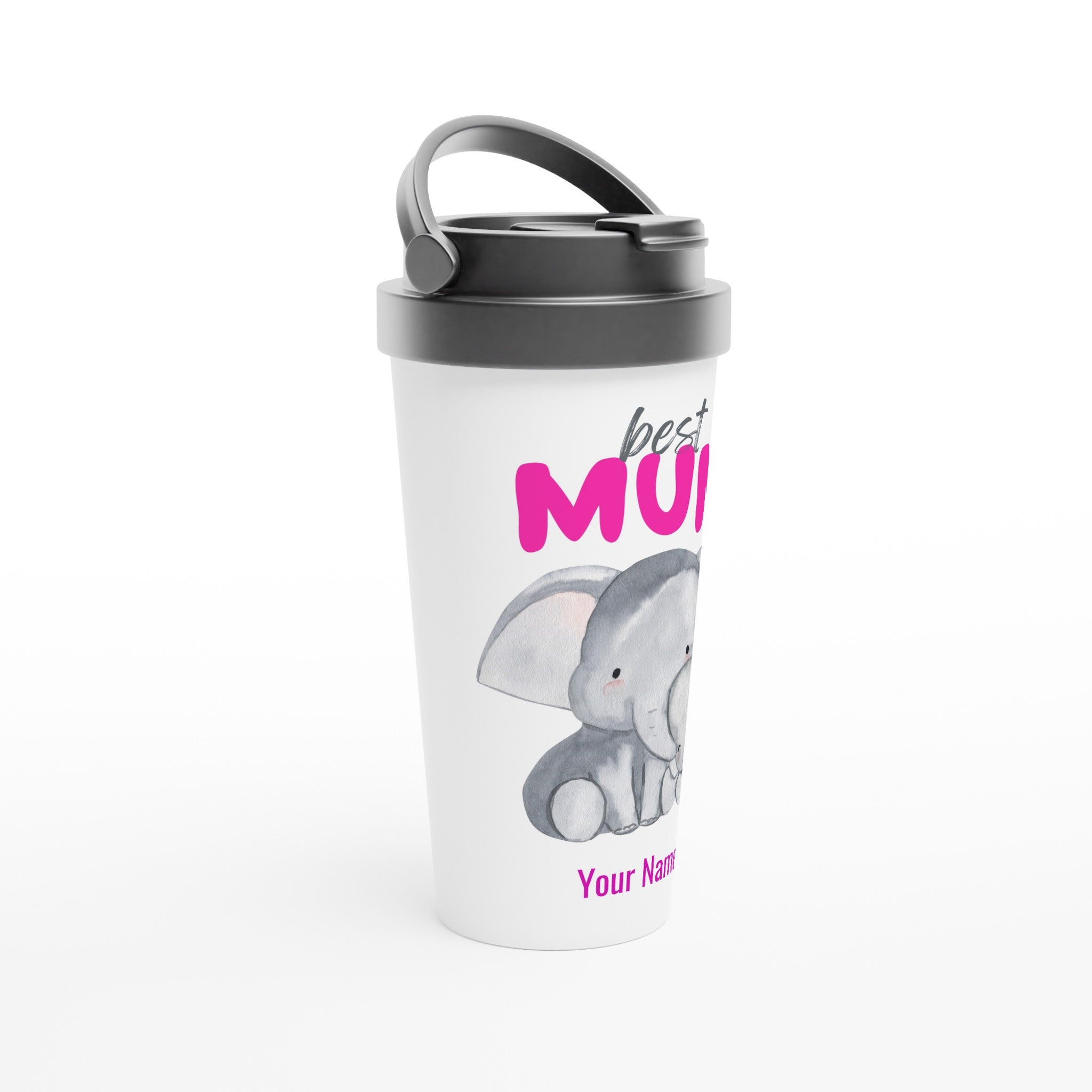 Personalised - Best Mum, Cute Elephants - White 15oz Stainless Steel Travel Mug Personalised Travel Mug animal customise Globally Fulfilled Mum personalise