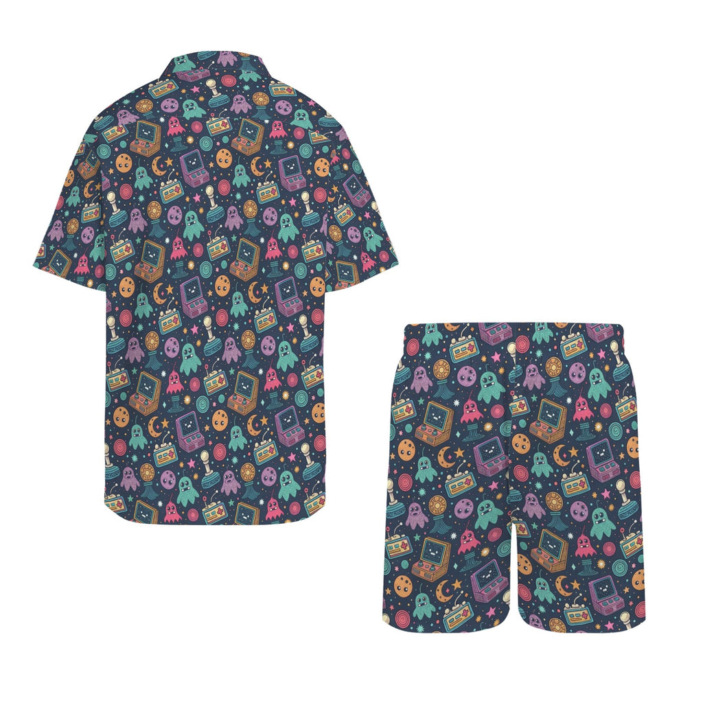 Space Arcade Men's Hawaiian Shirt & Shorts Set Men's Hawaiian Shirt & Shorts Set Games Printed Offshore Retro