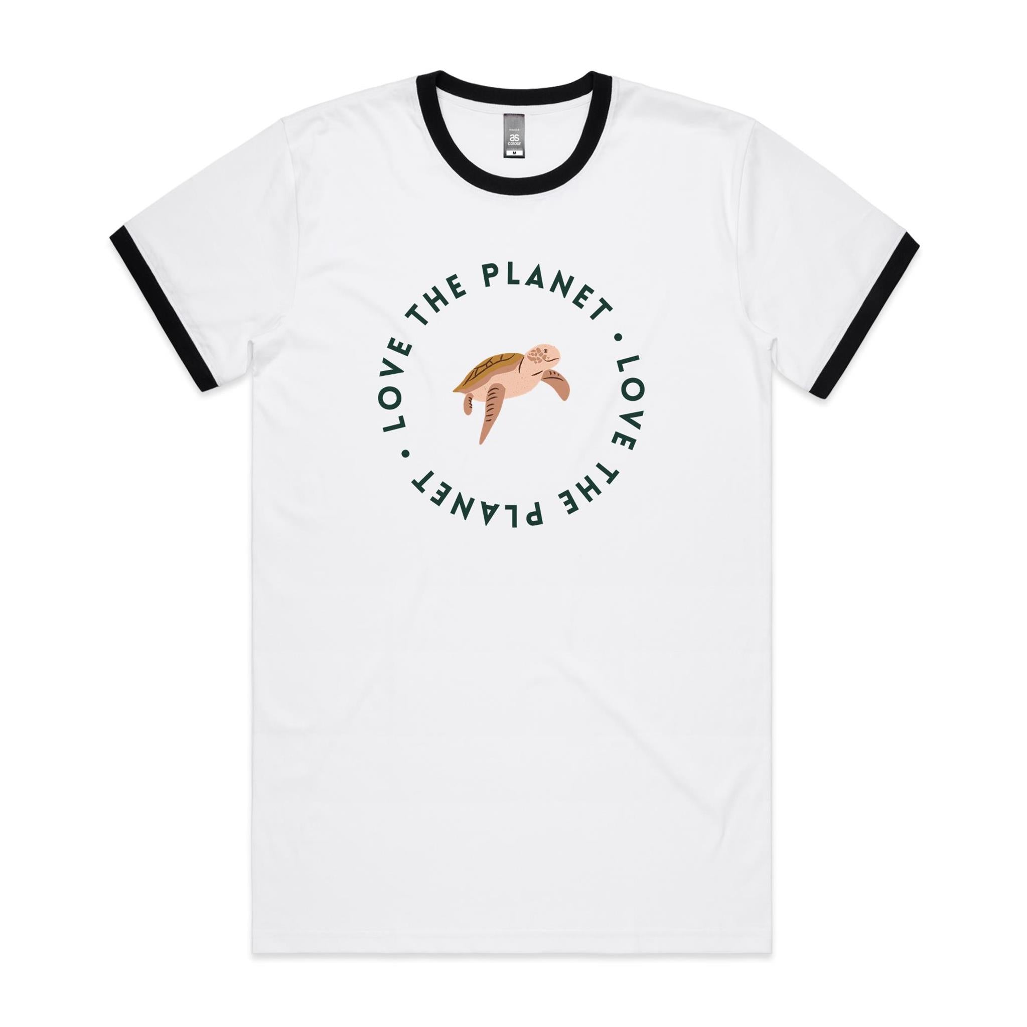 Love The Planet, Turtle - Staple Ringer Tee White Black Ringer T-Shirt animal Environment Printed In Australia