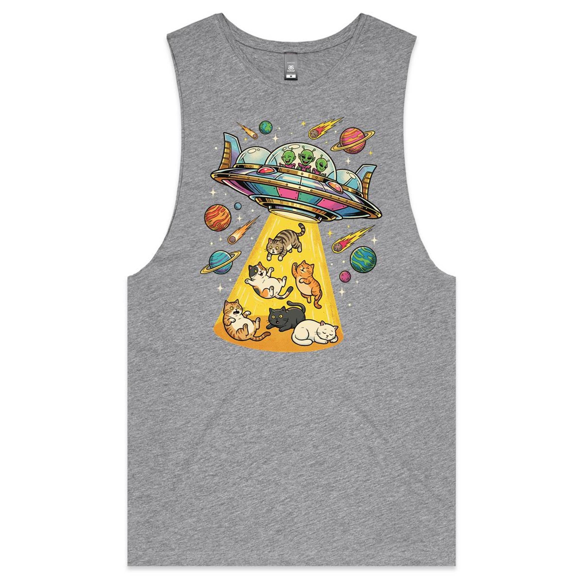 UFO Cat Abduction Mens Men's AS Colour Drop Arm Tank Top Grey Marle Drop Arm Tank Top animal Printed In Australia Sci Fi