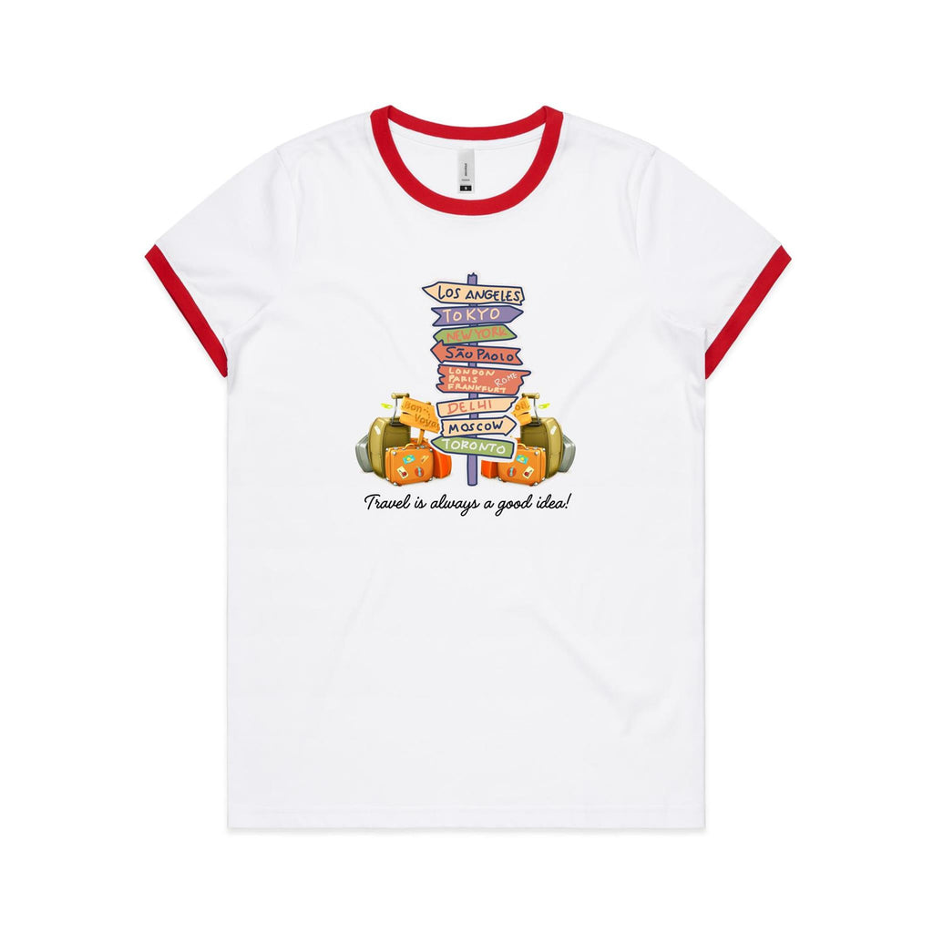 Travel Is Always A Good Idea - Women's Ringer Tee White Red Womens Ringer T-shirt Printed In Australia