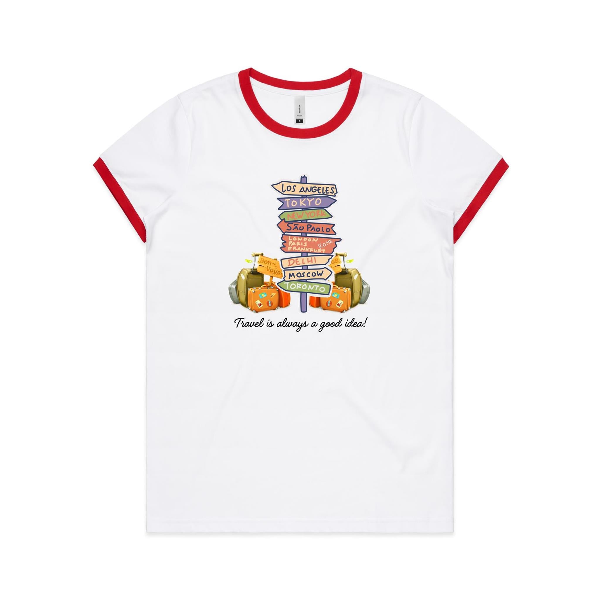 Travel Is Always A Good Idea - Women's Ringer Tee White Red Womens Ringer T-shirt Printed In Australia