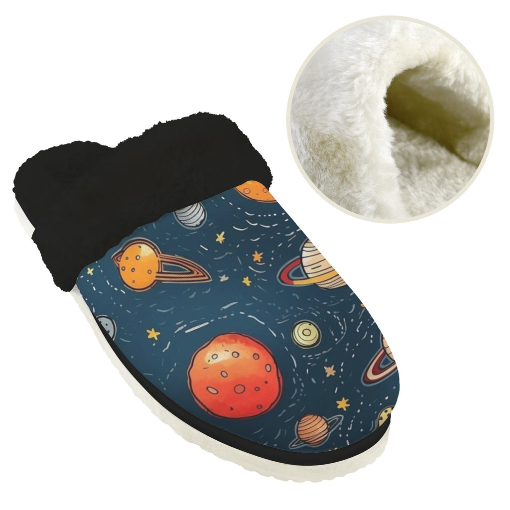 Galaxy Men's Fur Trim Thick-Sole Indoor Slippers Men's Fur Trimmed Slippers Printed Offshore Space