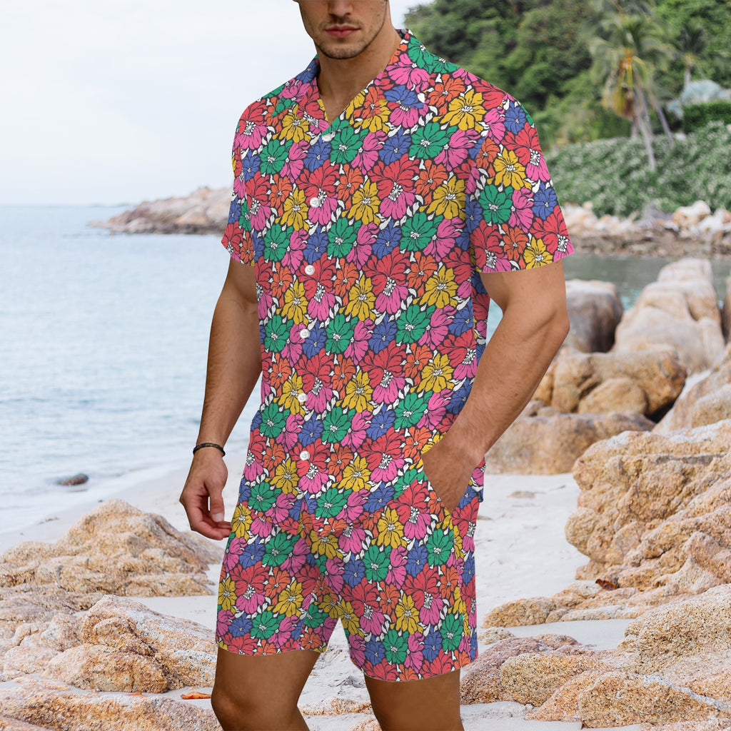 Bright And Bold Flowers Men's Hawaiian Shirt & Shorts Set Men's Hawaiian Shirt & Shorts Set Plants Printed Offshore