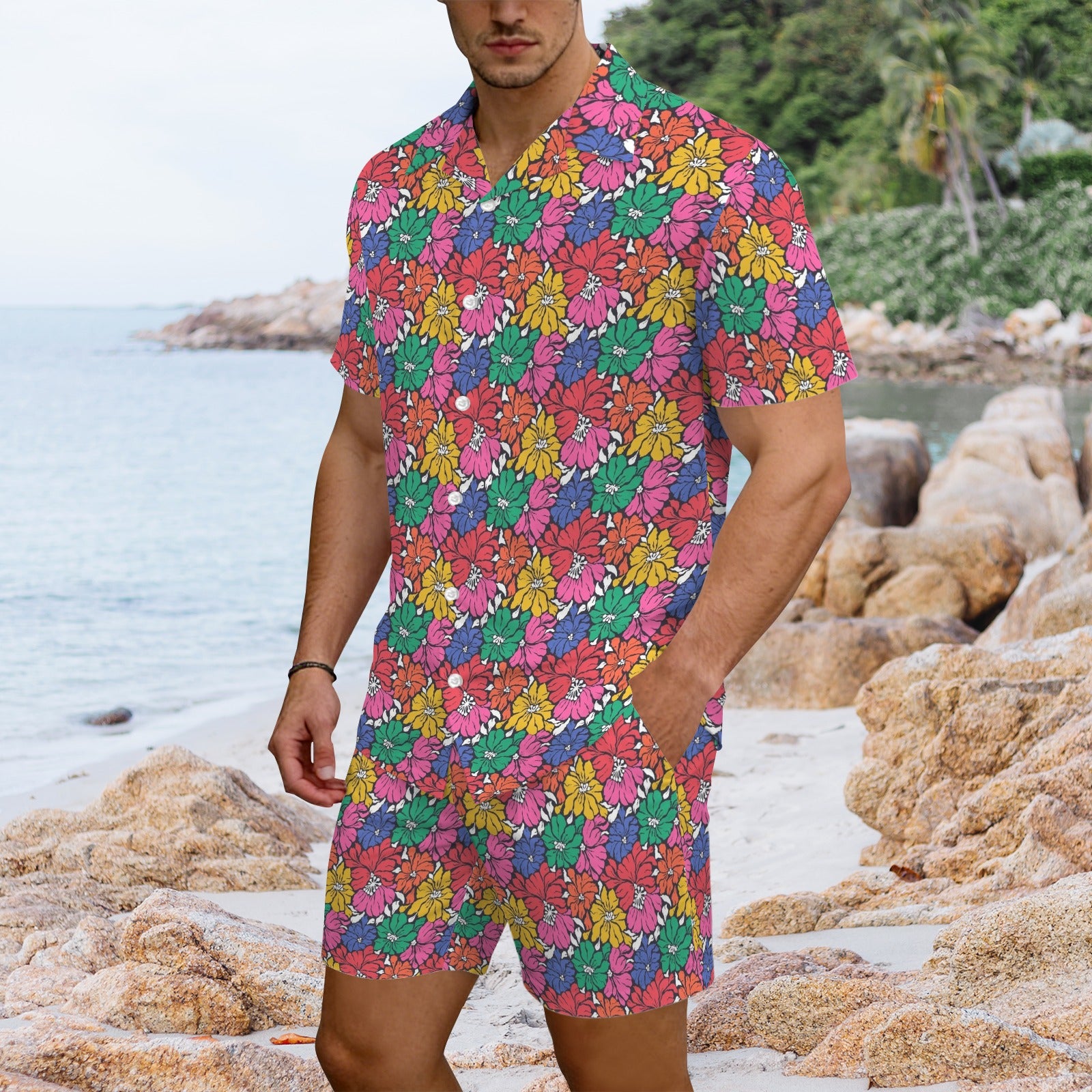Bright And Bold Flowers Men's Hawaiian Shirt & Shorts Set Men's Hawaiian Shirt & Shorts Set Plants Printed Offshore