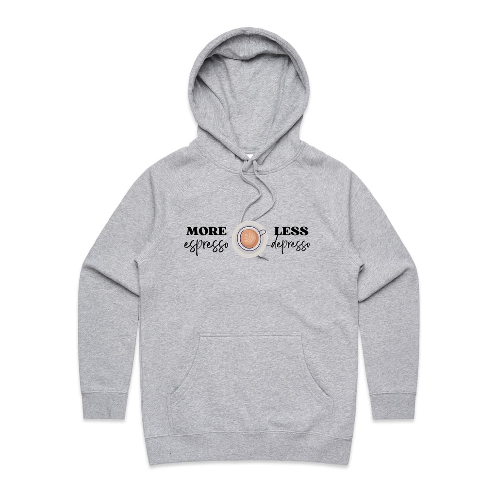 More Espresso, Less Depresso - Womens Hoodie Grey Marle Womens Hoodie Coffee Printed In Australia