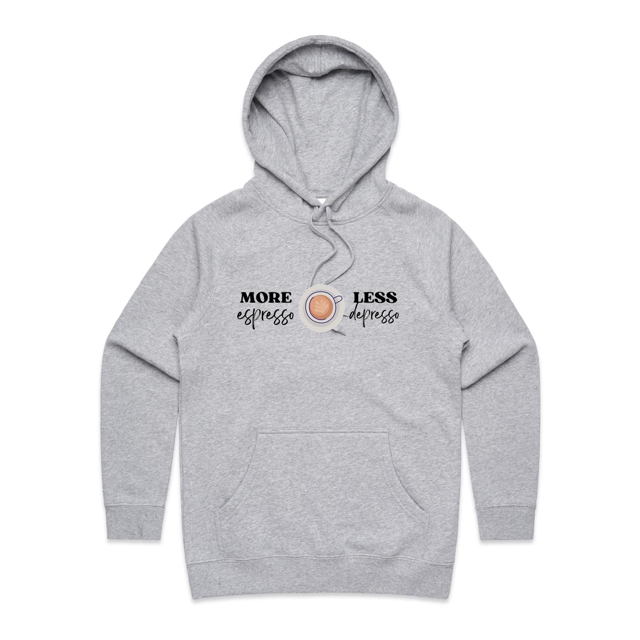 More Espresso, Less Depresso - Womens Hoodie Grey Marle Womens Hoodie Coffee Printed In Australia