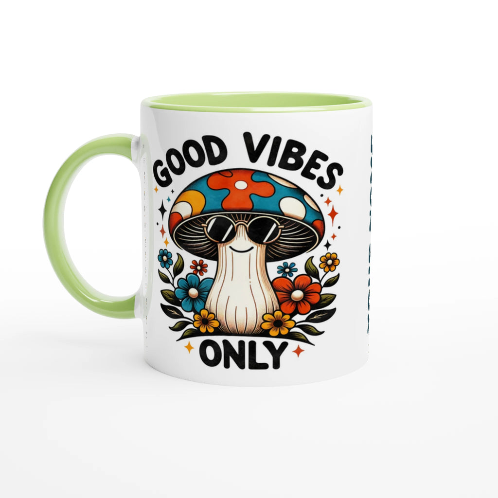 Personalised Good Vibes Only, Hippie Mushroom With Sunglasses 11oz Ceramic Mug Ceramic Green Personalised 11oz Mug Globally Fulfilled Positivity