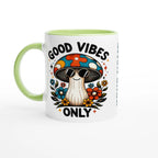 Personalised Good Vibes Only, Hippie Mushroom With Sunglasses 11oz Ceramic Mug Ceramic Green Personalised 11oz Mug Globally Fulfilled Positivity