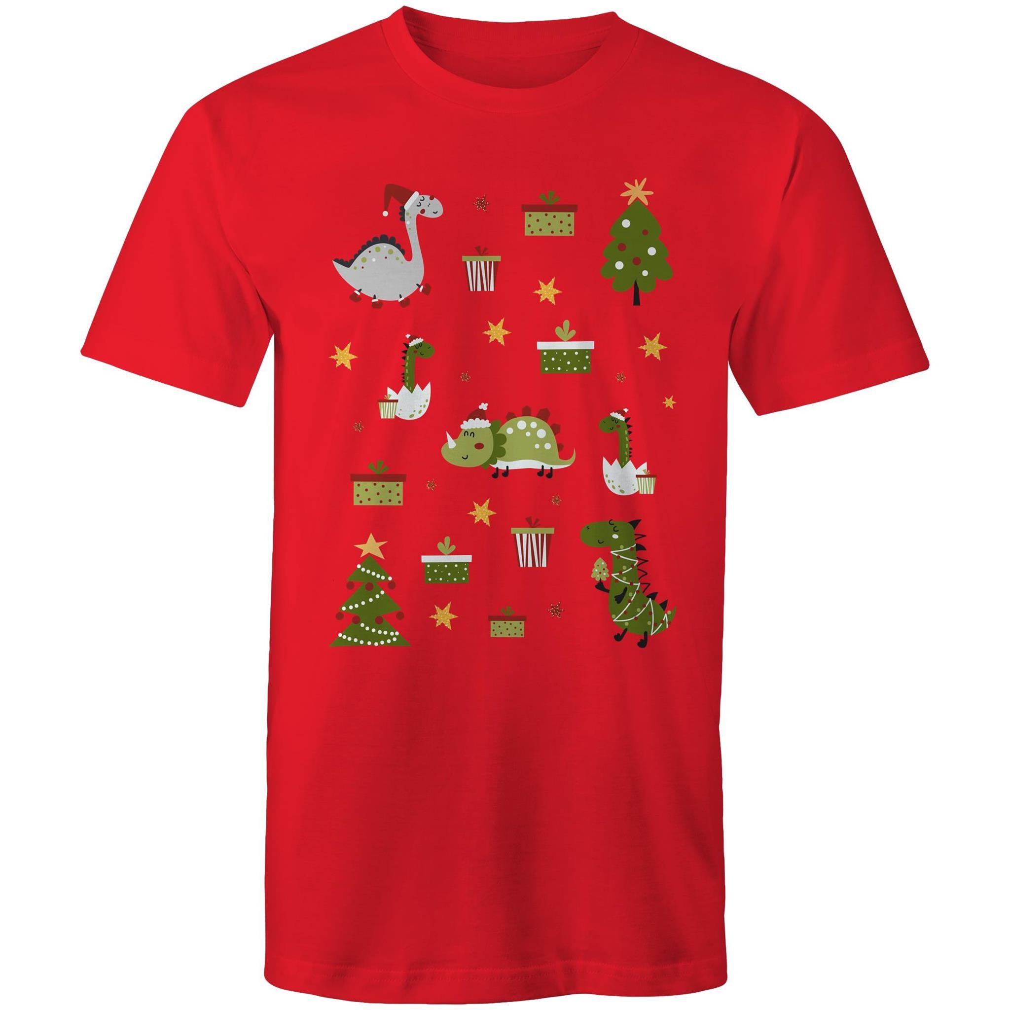 Cute Dinosaur Christmas - Mens T-Shirt Red Mens Christmas T-shirt Christmas Printed In Australia