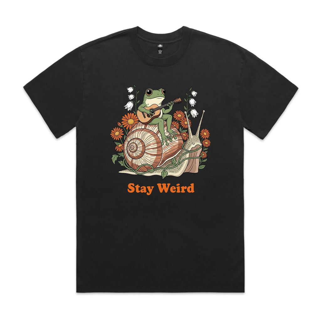 Stay Weird, Guitar Playing Frog On A Snail AS Colour Heavy Faded Tee Unisex Faded Black Heavy Faded T-shirt animal Music Printed In Australia