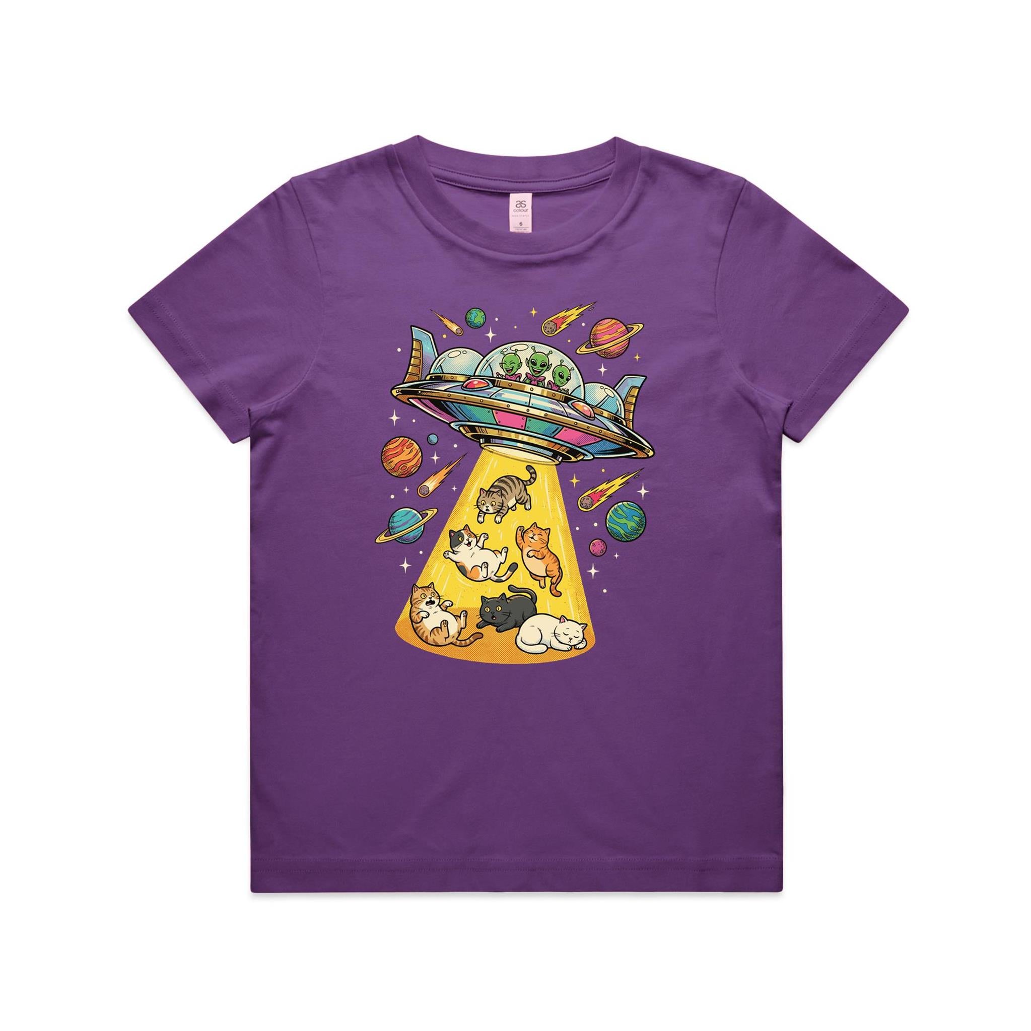 UFO Cat Abduction - Kid's AS Colour T-shirt Purple Kids Youth T-shirt animal Printed In Australia Sci Fi