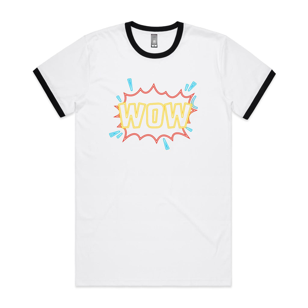 Wow - Staple Ringer Tee White Black Ringer T-Shirt comic Printed In Australia