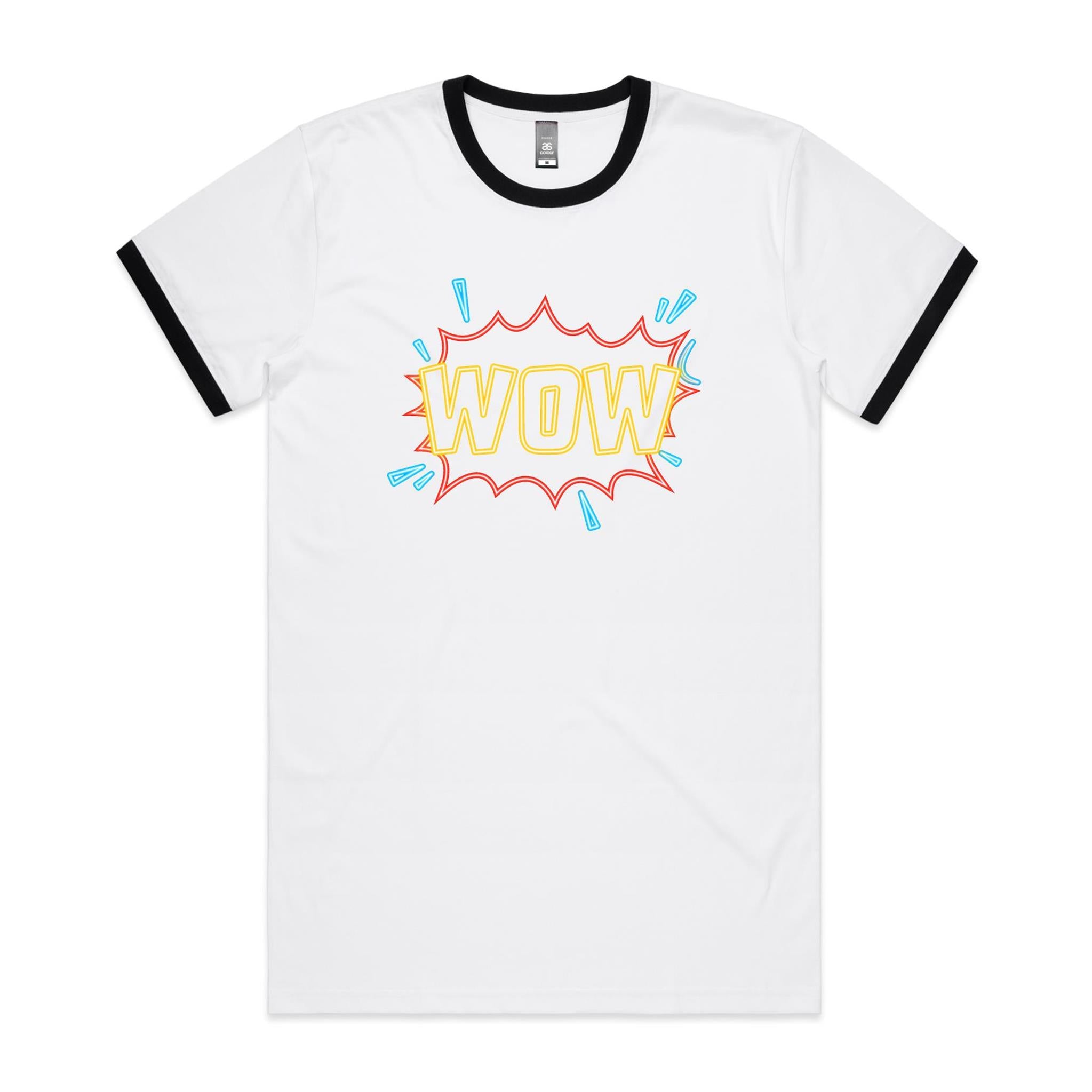 Wow - Staple Ringer Tee White Black Ringer T-Shirt comic Printed In Australia
