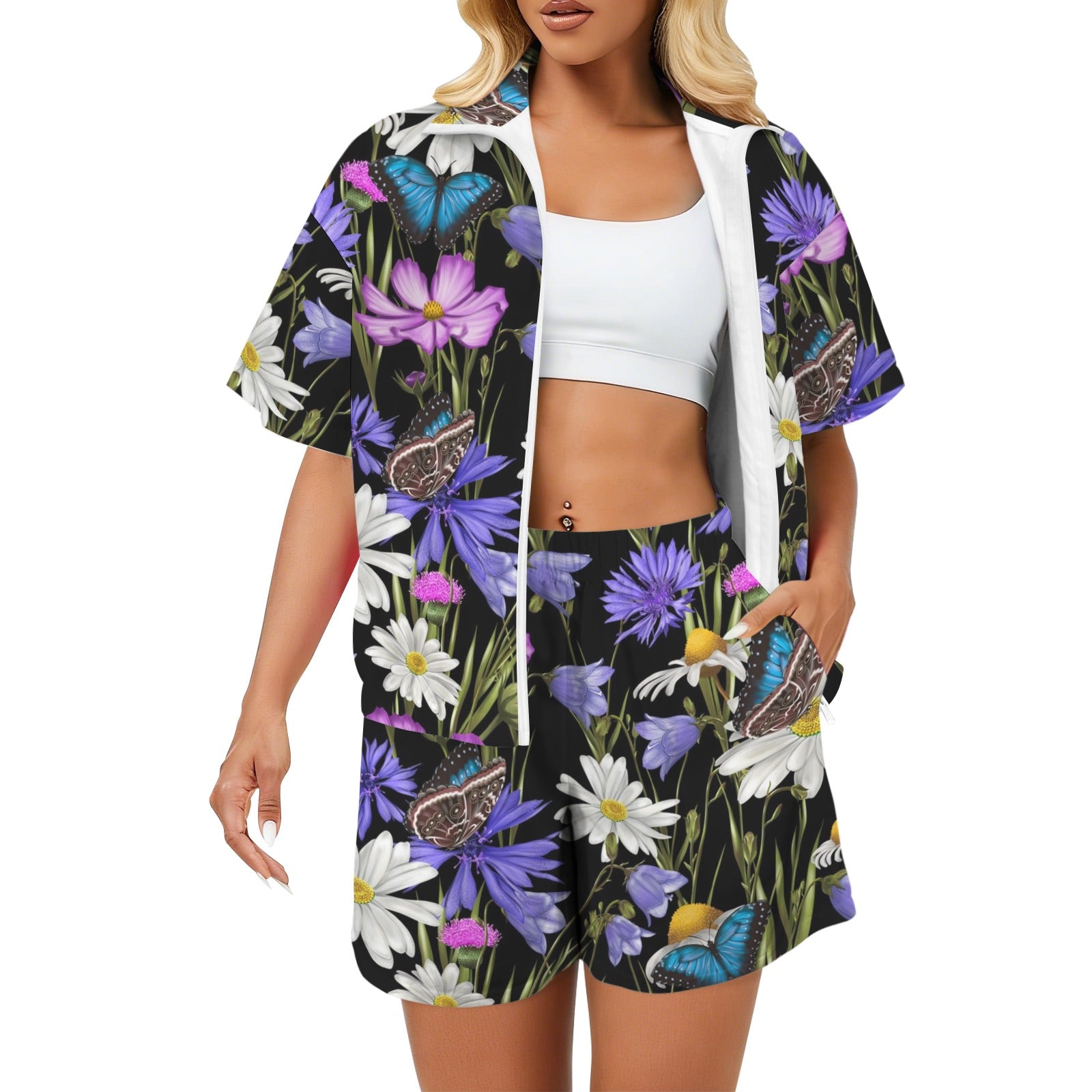 Butterfly Flowers Women's Windbreaker Short Set 2XL Women's Windbreaker Short Set Plants Printed Offshore