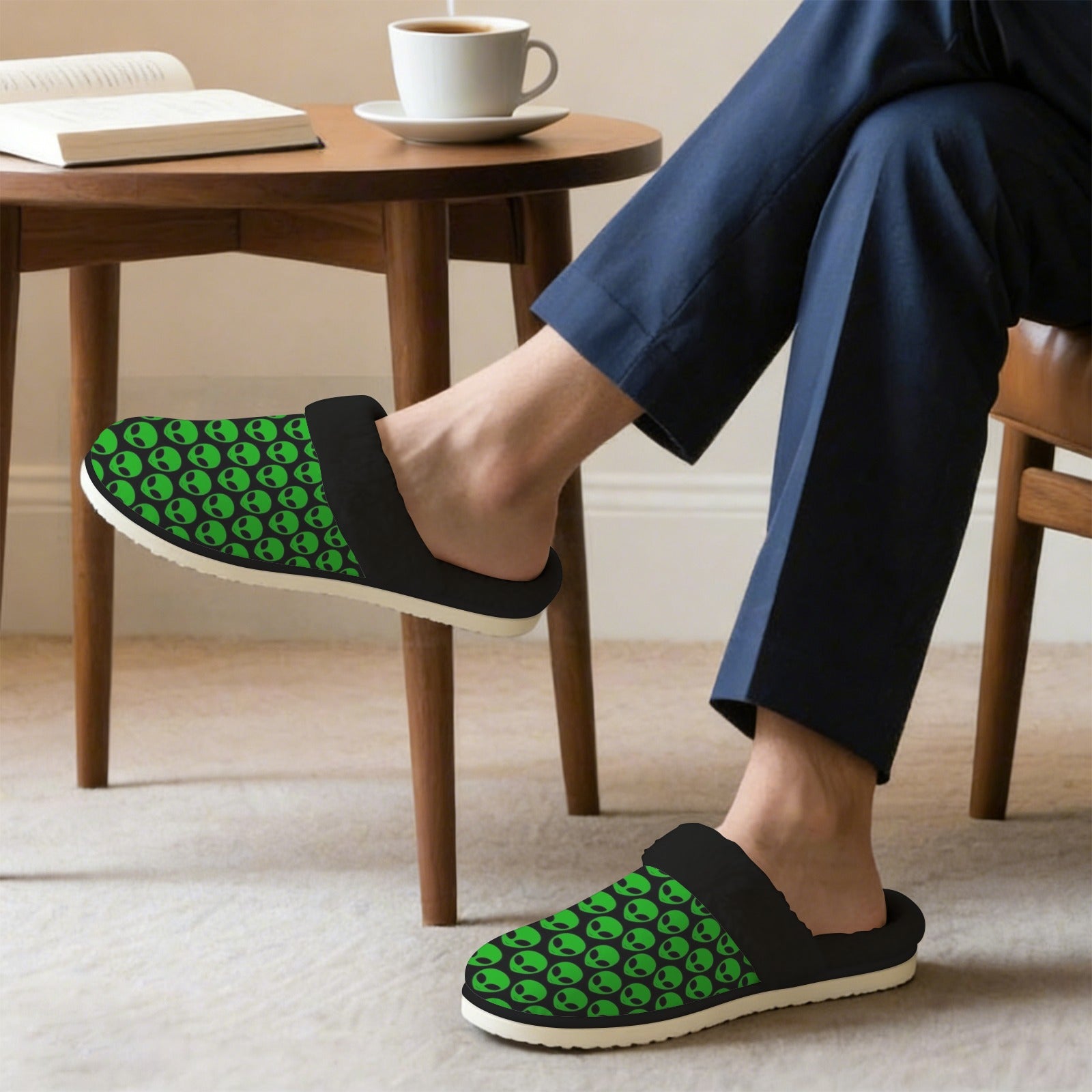 Aliens Men's Fur Trim Thick-Sole Indoor Slippers Men's Fur Trimmed Slippers Printed Offshore Sci-Fi