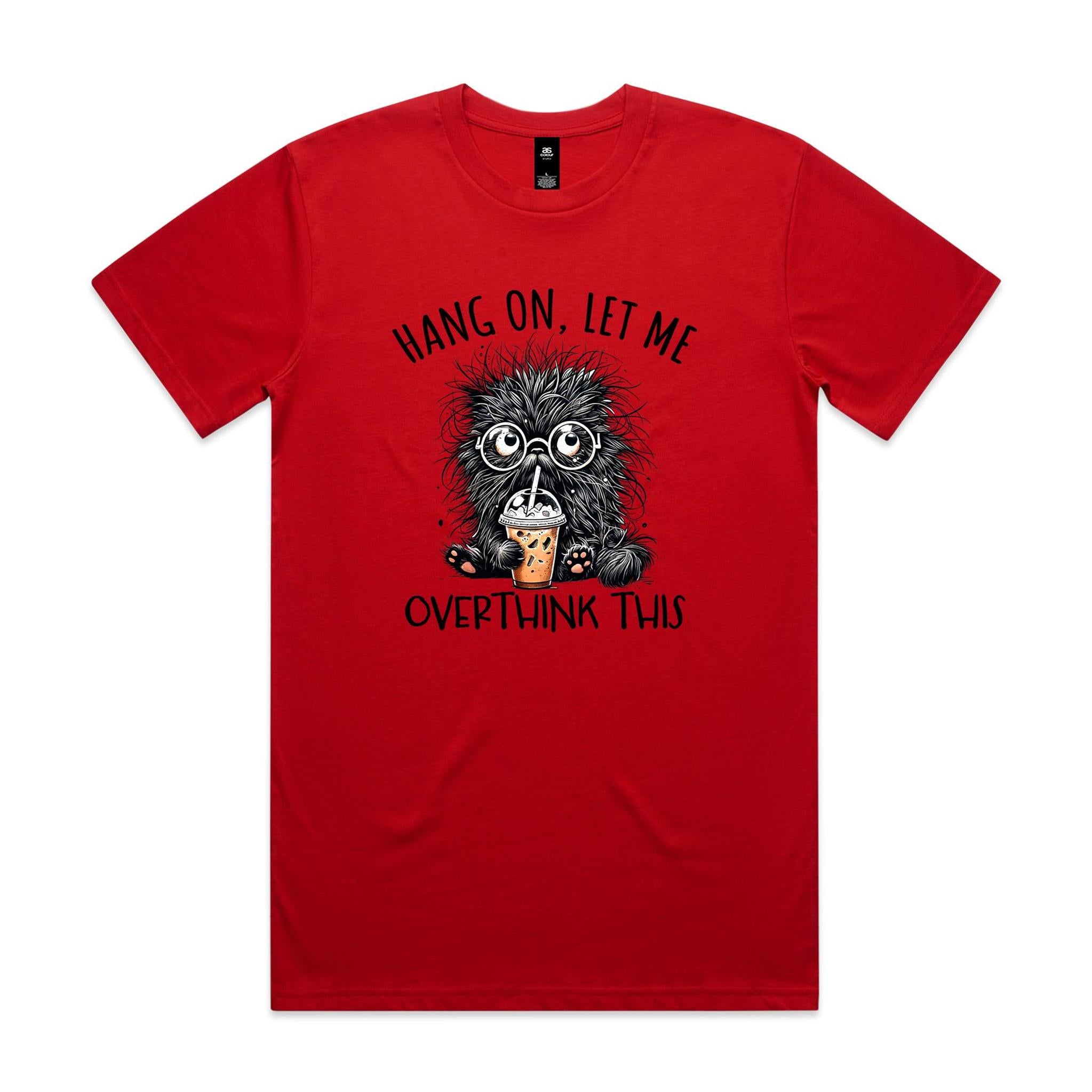 Frazzled Cat, Hang On Let Me Overthink This Men's AS Colour T-shirt Red Mens T-shirt animal Printed In Australia