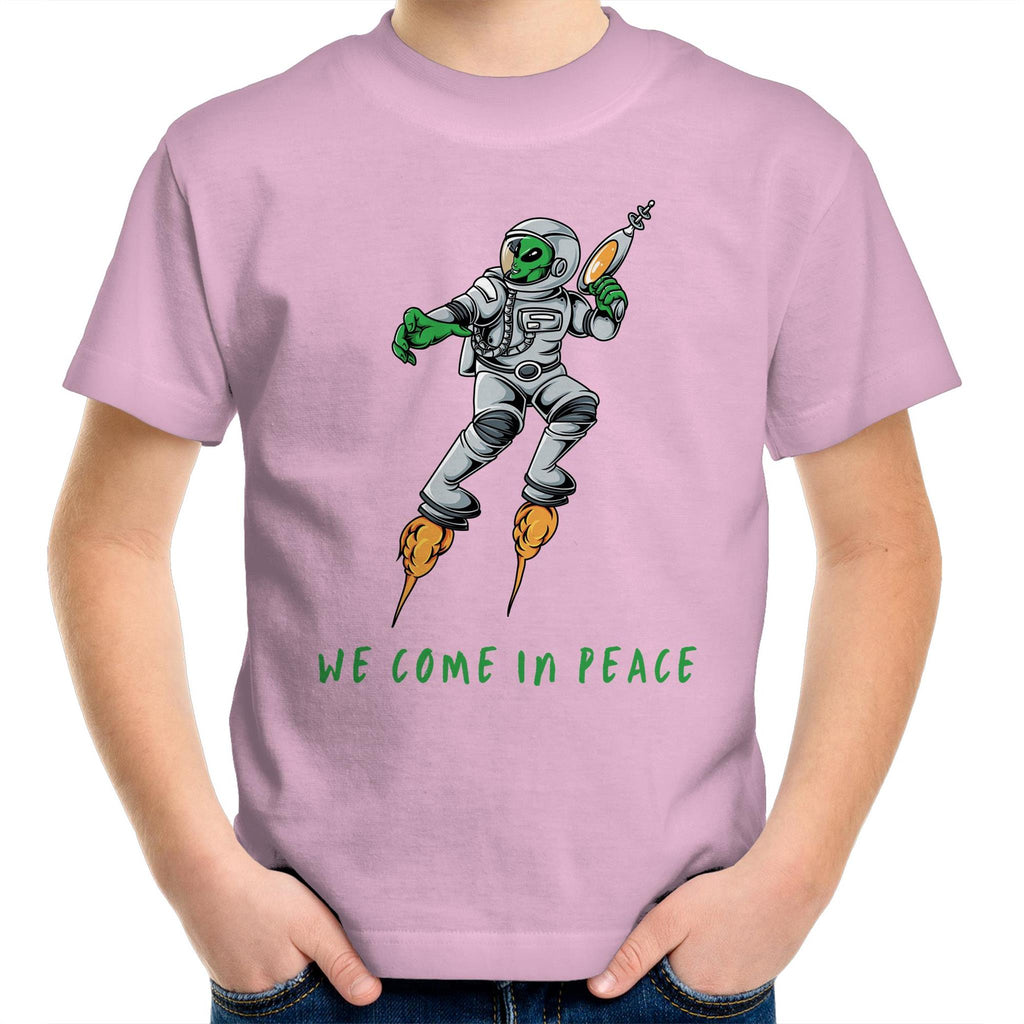 Alien Invasion, We Come In Peace - Kids Youth T-Shirt Pink Kids Youth T-shirt Printed In Australia Sci Fi