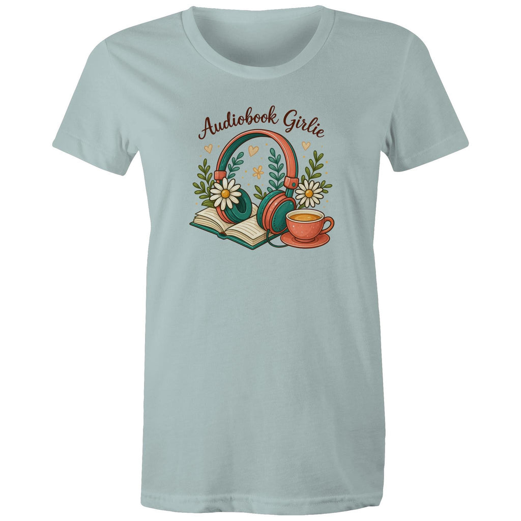 Audiobook Girlie - Womens T-shirt Pale Blue Womens T-shirt Printed In Australia Reading
