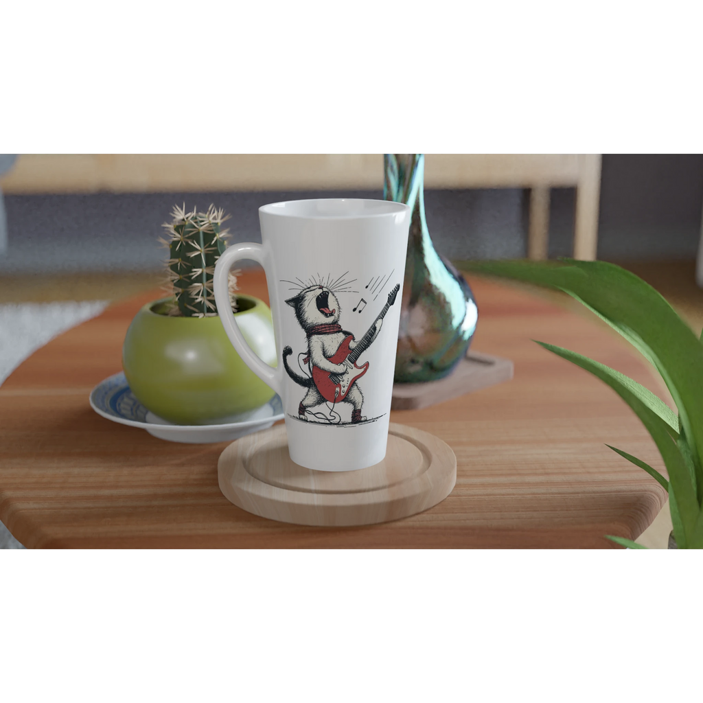 Personalised Cat Playing Guitar White Latte 17oz Ceramic Mug Personalised Latte Mug animal Globally Fulfilled Music