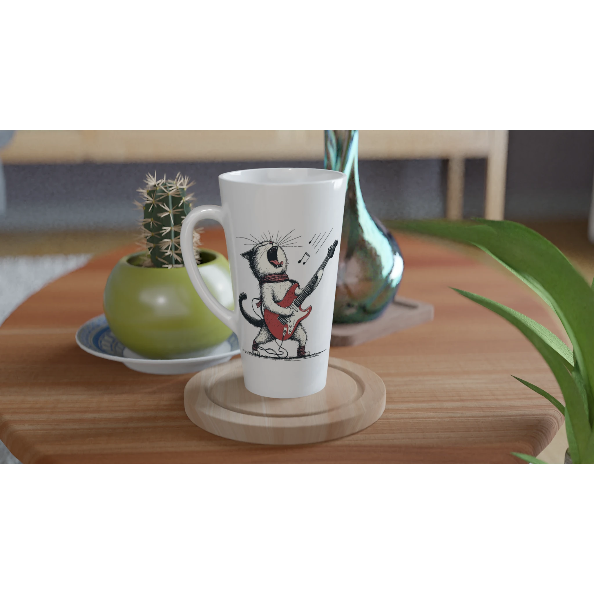 Personalised Cat Playing Guitar White Latte 17oz Ceramic Mug Personalised Latte Mug animal Globally Fulfilled Music