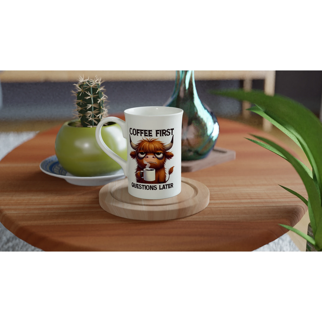 Personalise - Coffee First, Questions Later, Highland Cow - White 10oz Porcelain Slim Mug Personalised Porcelain Mug animal Coffee Globally Fulfilled