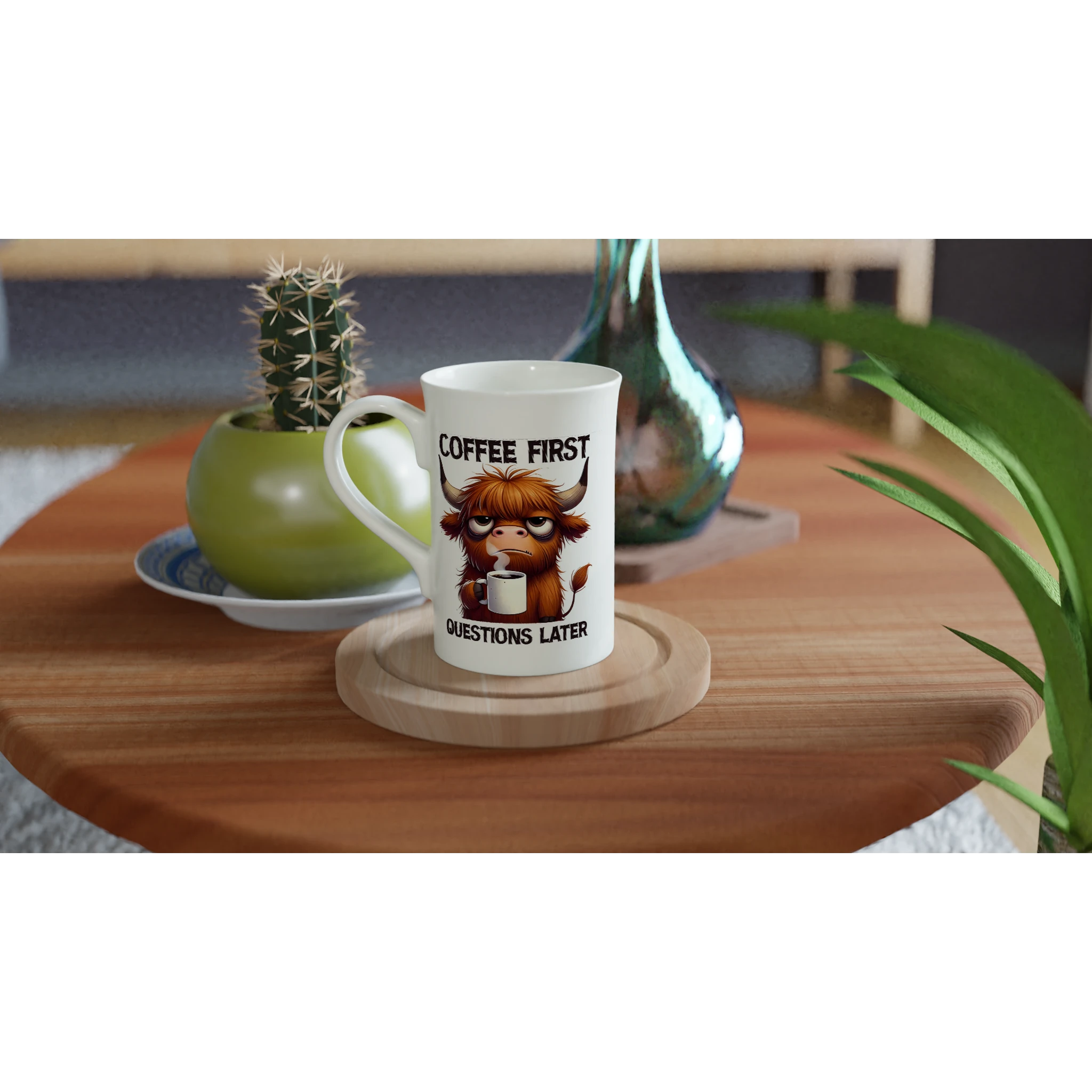 Personalise - Coffee First, Questions Later, Highland Cow - White 10oz Porcelain Slim Mug Personalised Porcelain Mug animal Coffee Globally Fulfilled