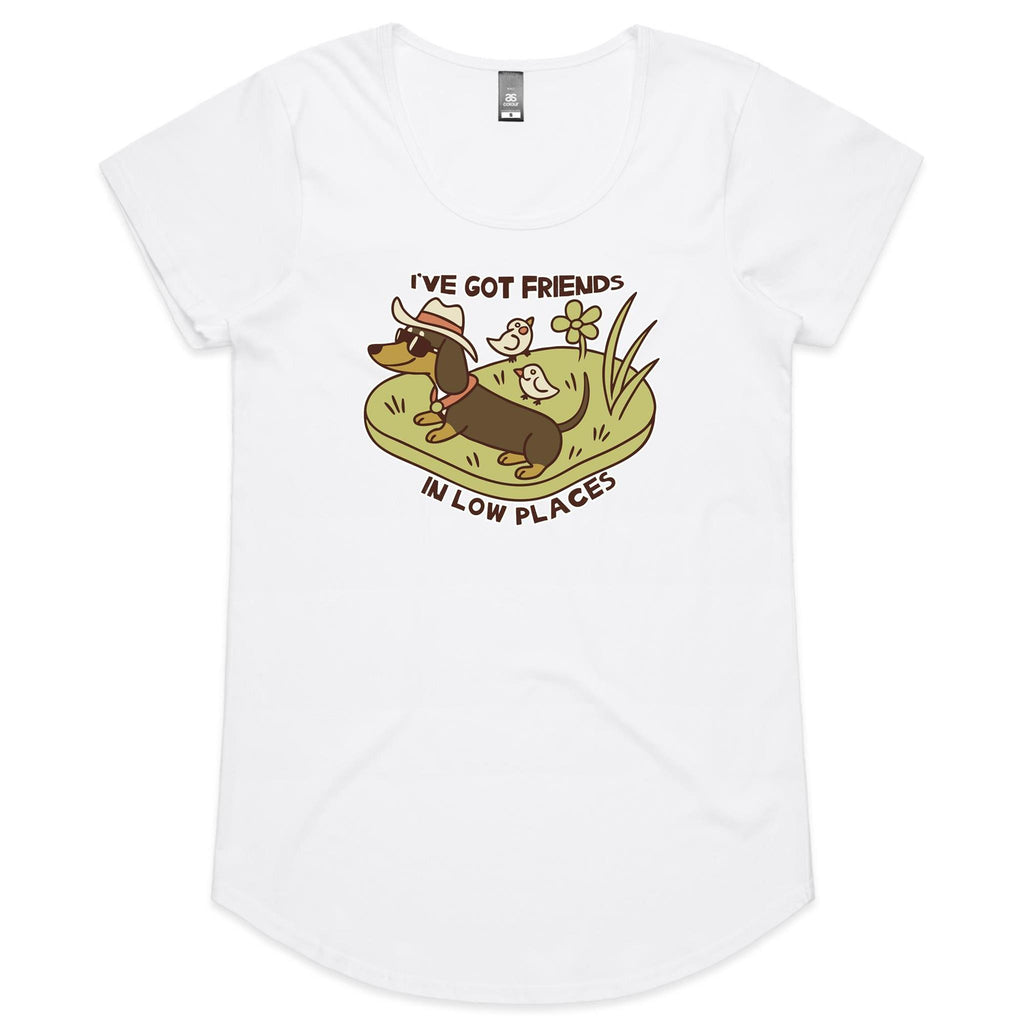 Dachshund, I've Got Friends In Low Places Women's AS Colour Scoop Neck T-Shirt White Womens Scoop Neck T-shirt animal Printed In Australia