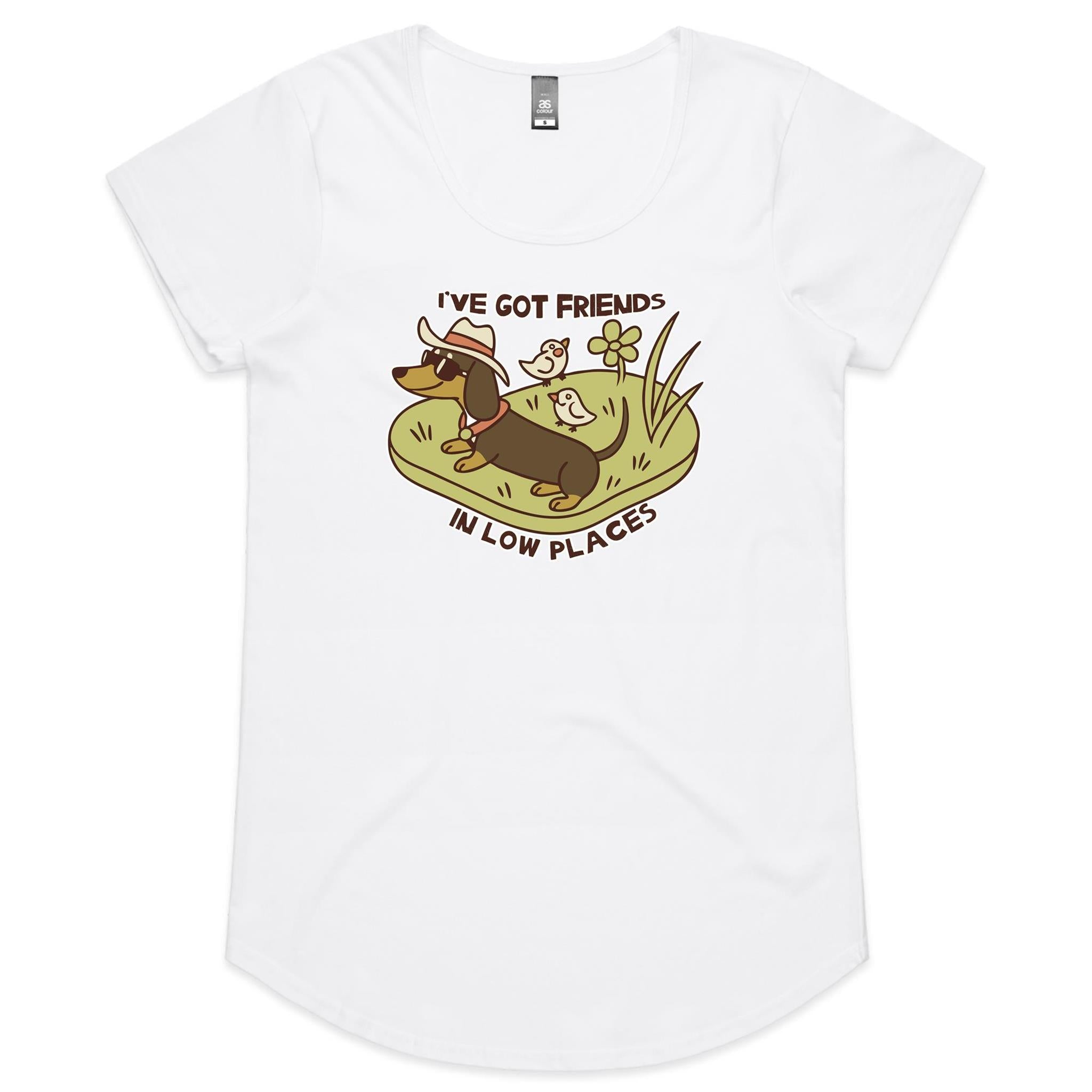 Dachshund, I've Got Friends In Low Places Women's AS Colour Scoop Neck T-Shirt White Womens Scoop Neck T-shirt animal Printed In Australia