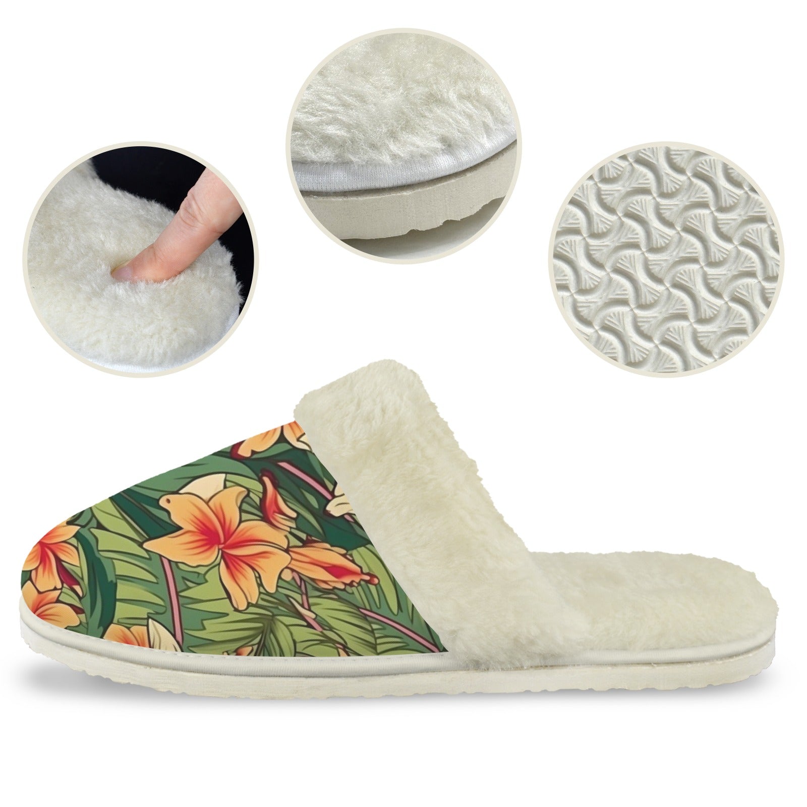 Vintage Hawaiian Floral Women's Fur Trim Thick-Sole Indoor Slippers Women's Fur Trimmed Slippers Plants Printed Offshore