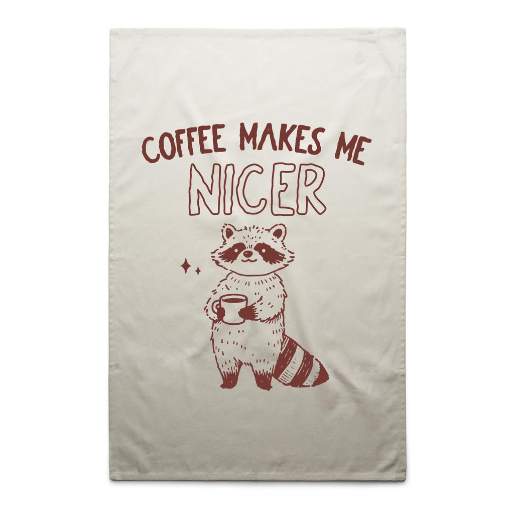 Coffee Makes Me Nicer, Raccoon - AS Colour Tea Towel Cream One Size Tea Towel animal Coffee Printed In Australia