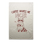 Coffee Makes Me Nicer, Raccoon - AS Colour Tea Towel Cream One Size Tea Towel animal Coffee Printed In Australia
