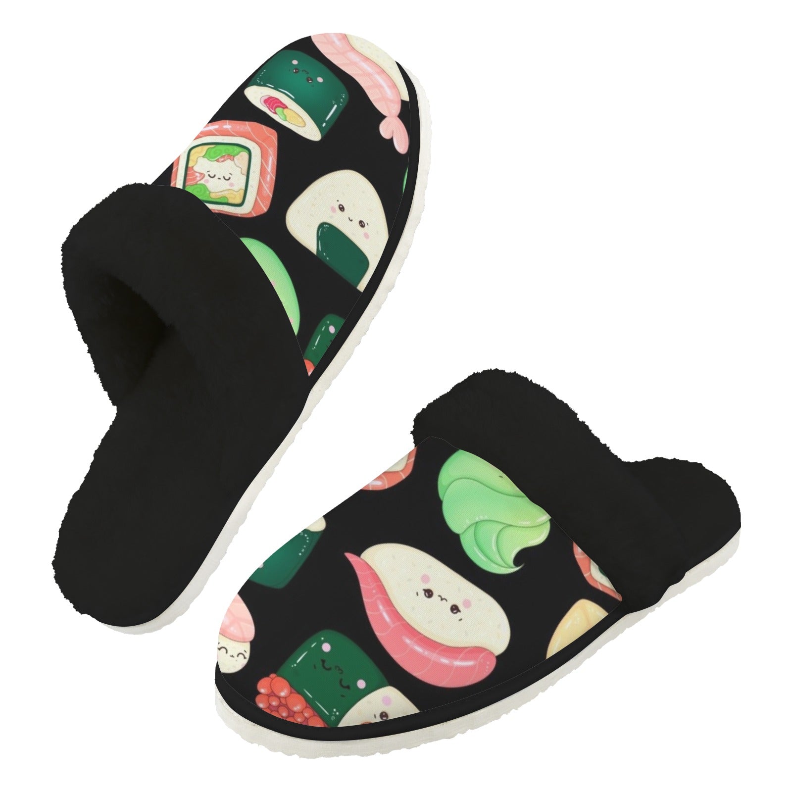Happy Sushi Men's Fur Trim Thick-Sole Indoor Slippers 2XL Men's Fur Trimmed Slippers Food Printed Offshore