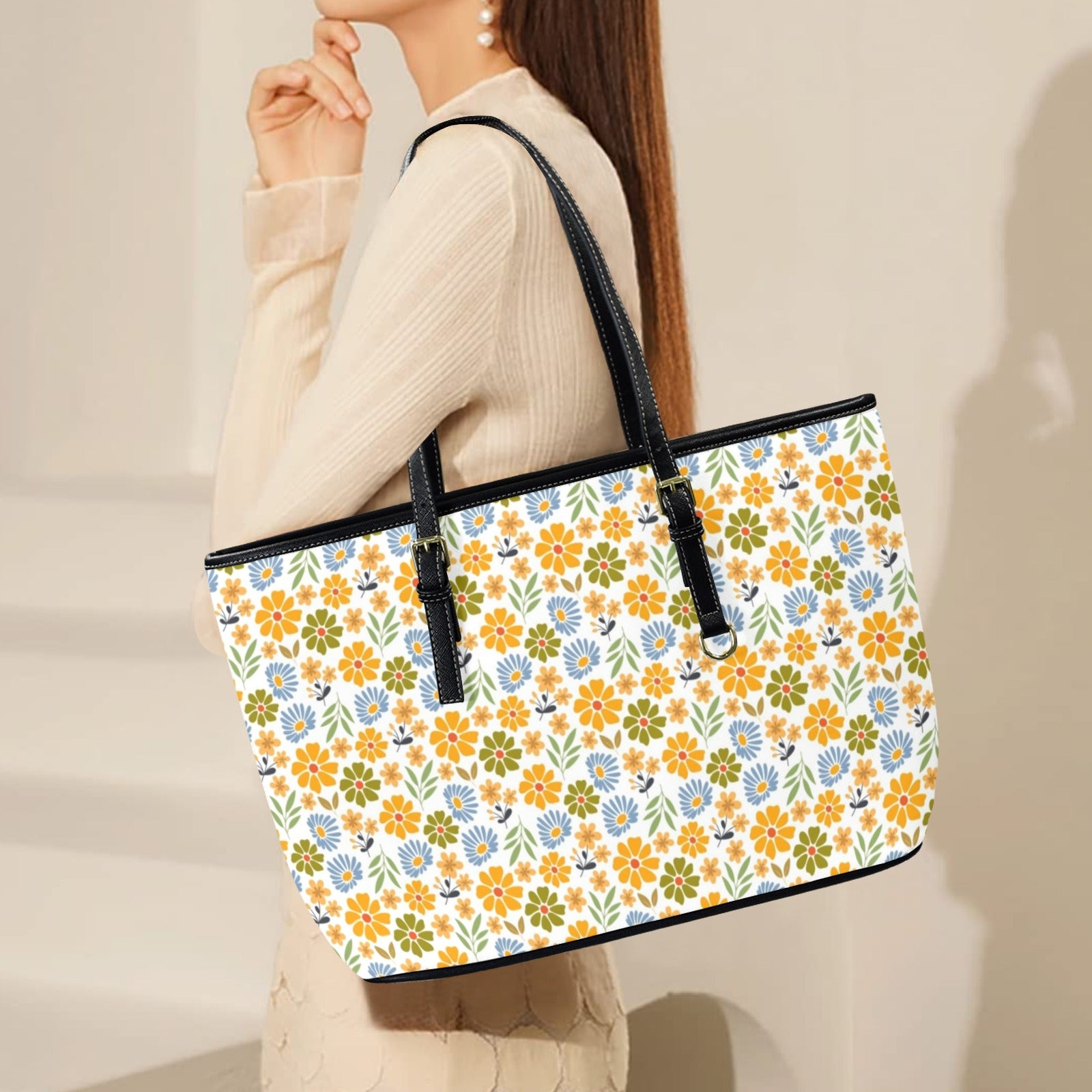Retro Boho Flower PU Leather Tote Bag Large Leather Tote Bag-Large Plants Printed Offshore
