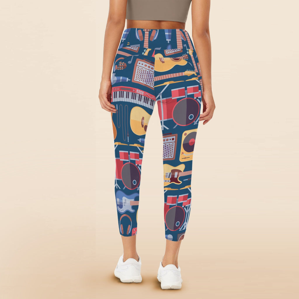 Music Instruments Blue - Women's High Waist Pockets Yoga Leggings