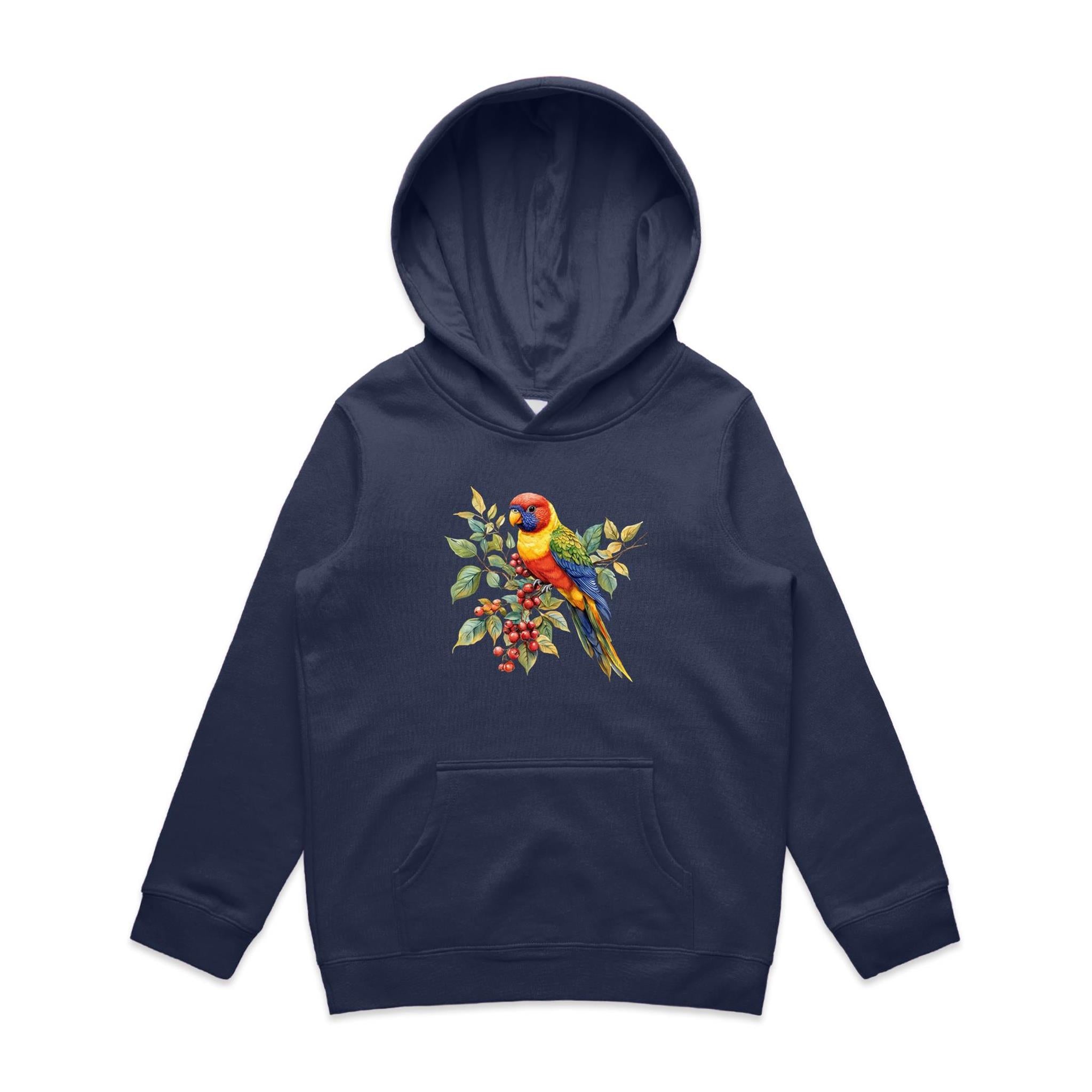 Lorikeet, Australian Birds - Kids Hoodie Midnight Blue Kids Hoodie animal Printed In Australia
