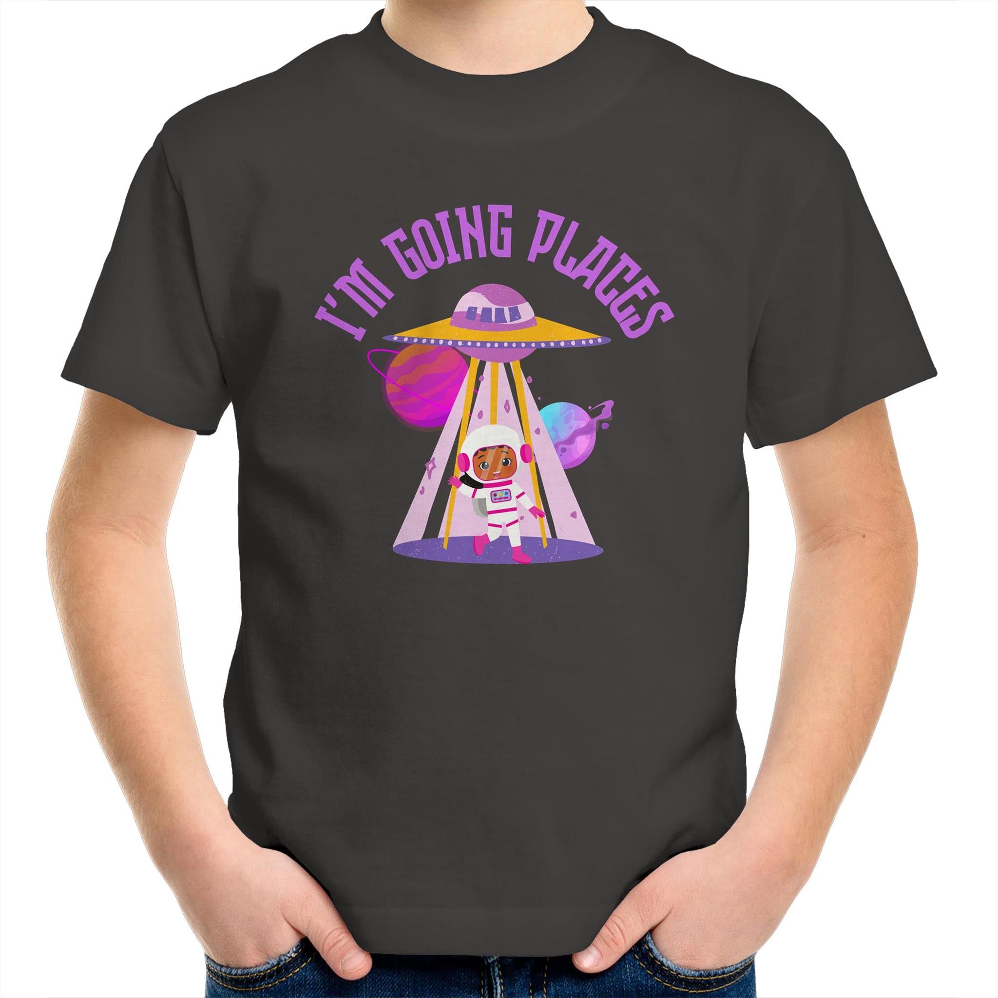 I'm Going Places, Space - Kids Youth T-Shirt Charcoal Kids Youth T-shirt Printed In Australia Space