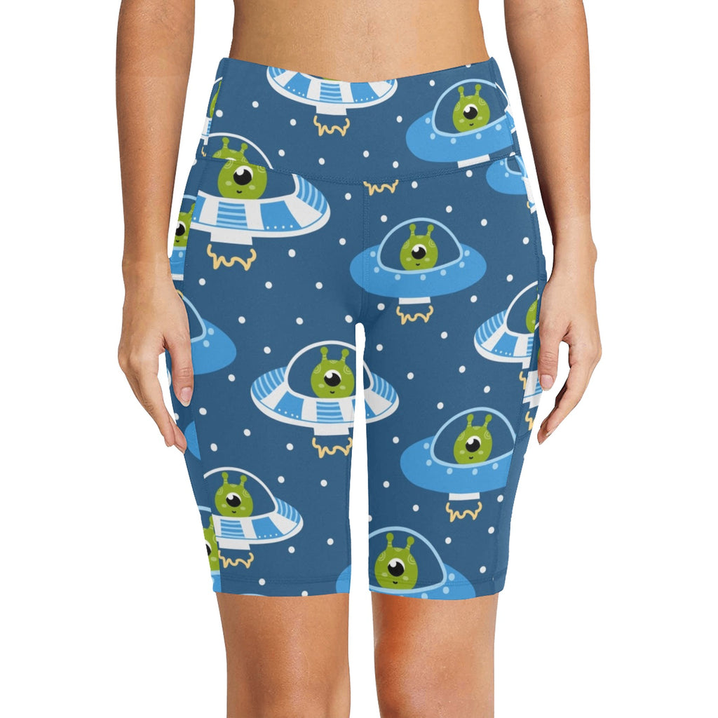 Cute Aliens in UFOs Women's Bike Shorts With Side Pockets Women's Bike Shorts Printed Offshore Sci Fi