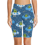 Cute Aliens in UFOs Women's Bike Shorts With Side Pockets Women's Bike Shorts Printed Offshore Sci Fi
