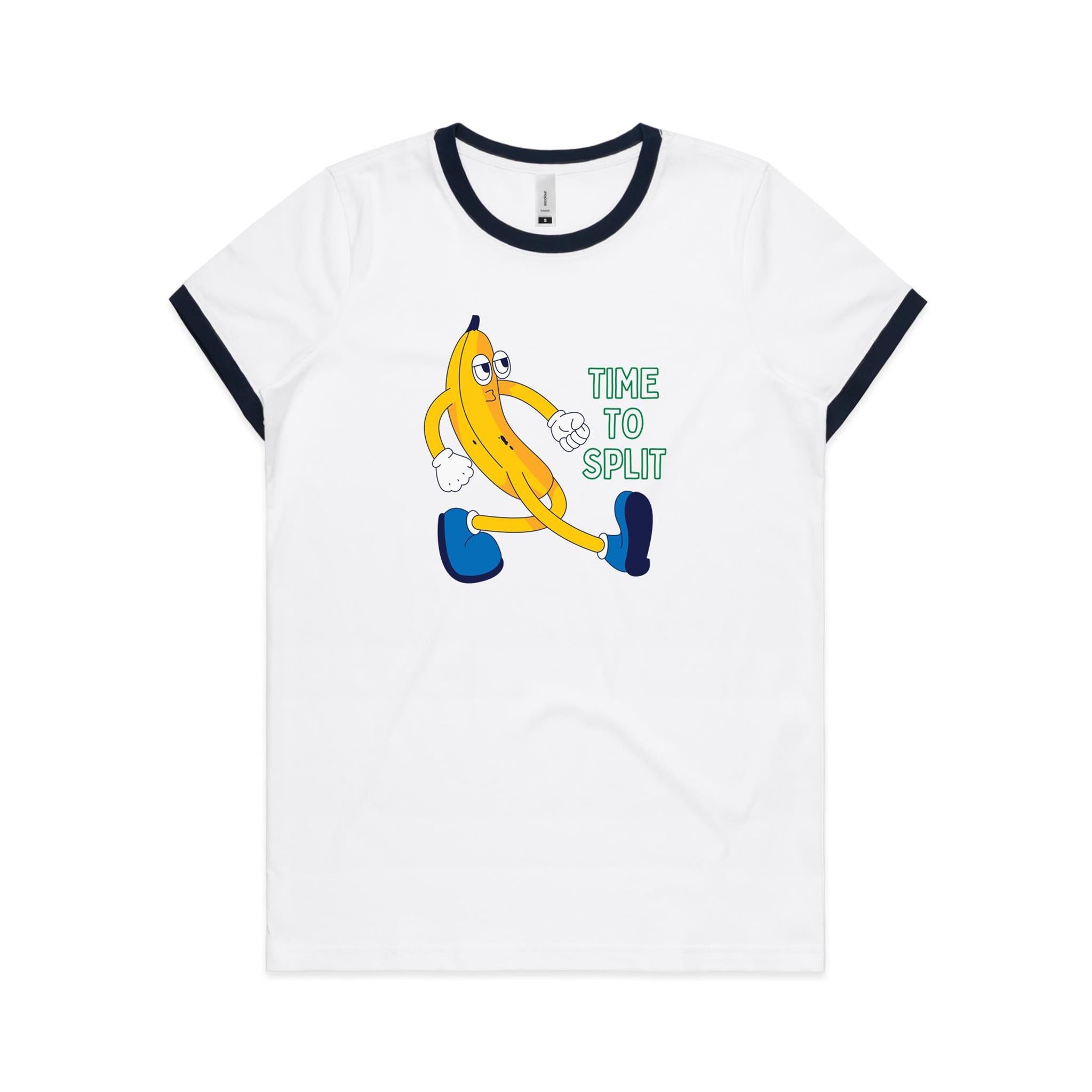Banana, Time To Split - Women's Ringer Tee White Navy Womens Ringer T-shirt Food Printed In Australia
