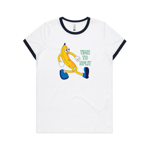 Banana, Time To Split - Women's Ringer Tee White Navy Womens Ringer T-shirt Food Printed In Australia